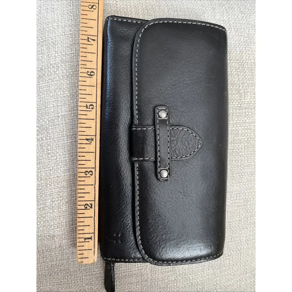 FRYE Leather Wallet Womens Black Trifold Clutch Coin Snap Olivia Classic